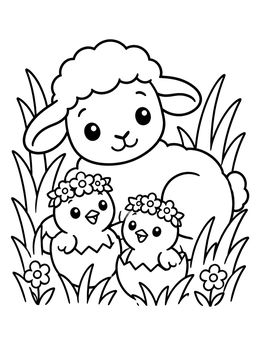 Free printable Easter Lamb With Hatched Chicks coloring page