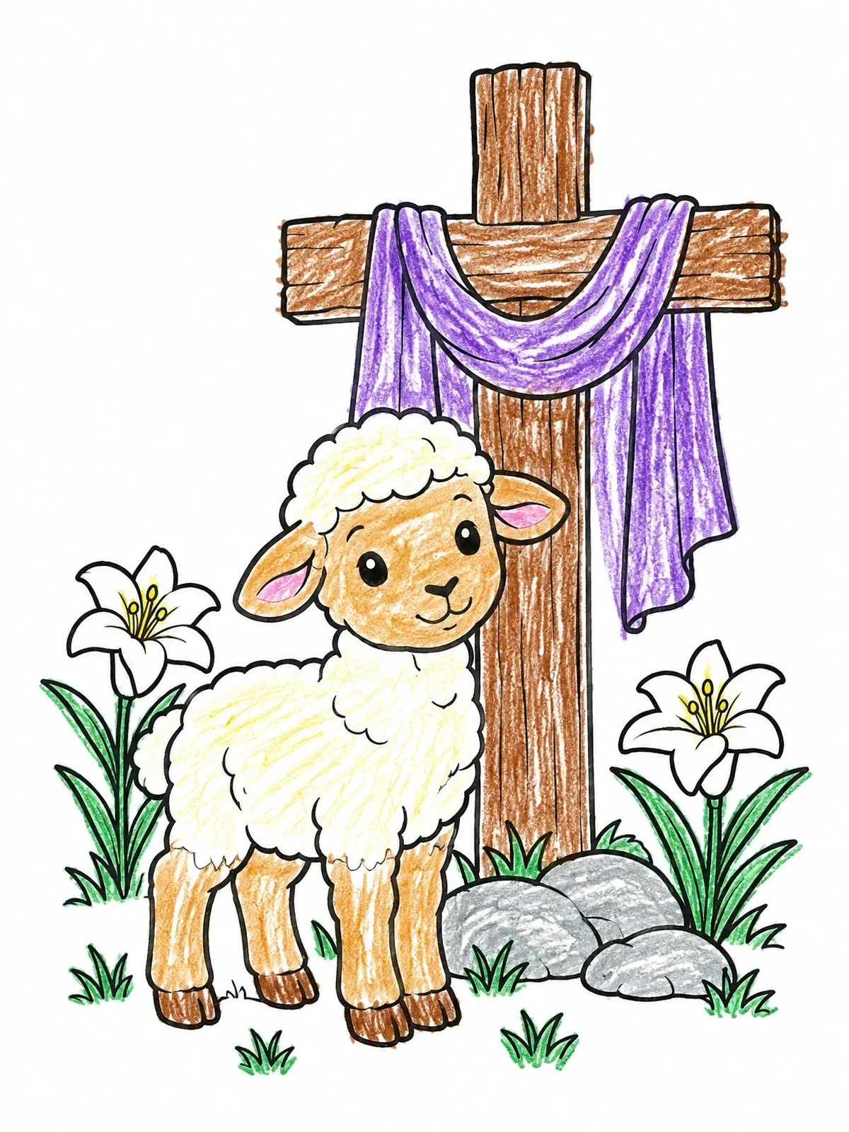 Colored example of the Easter Lamb By Wooden Cross coloring page
