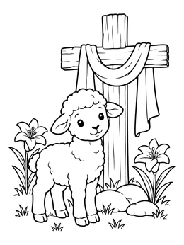 Free printable Easter Lamb By Wooden Cross coloring page