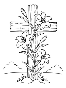Free printable Easter Lilies On Wooden Cross coloring page