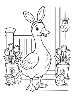 A cheerful goose coloring page with bunny ears, potted tulips, and patterned Easter eggs on a front porch.
