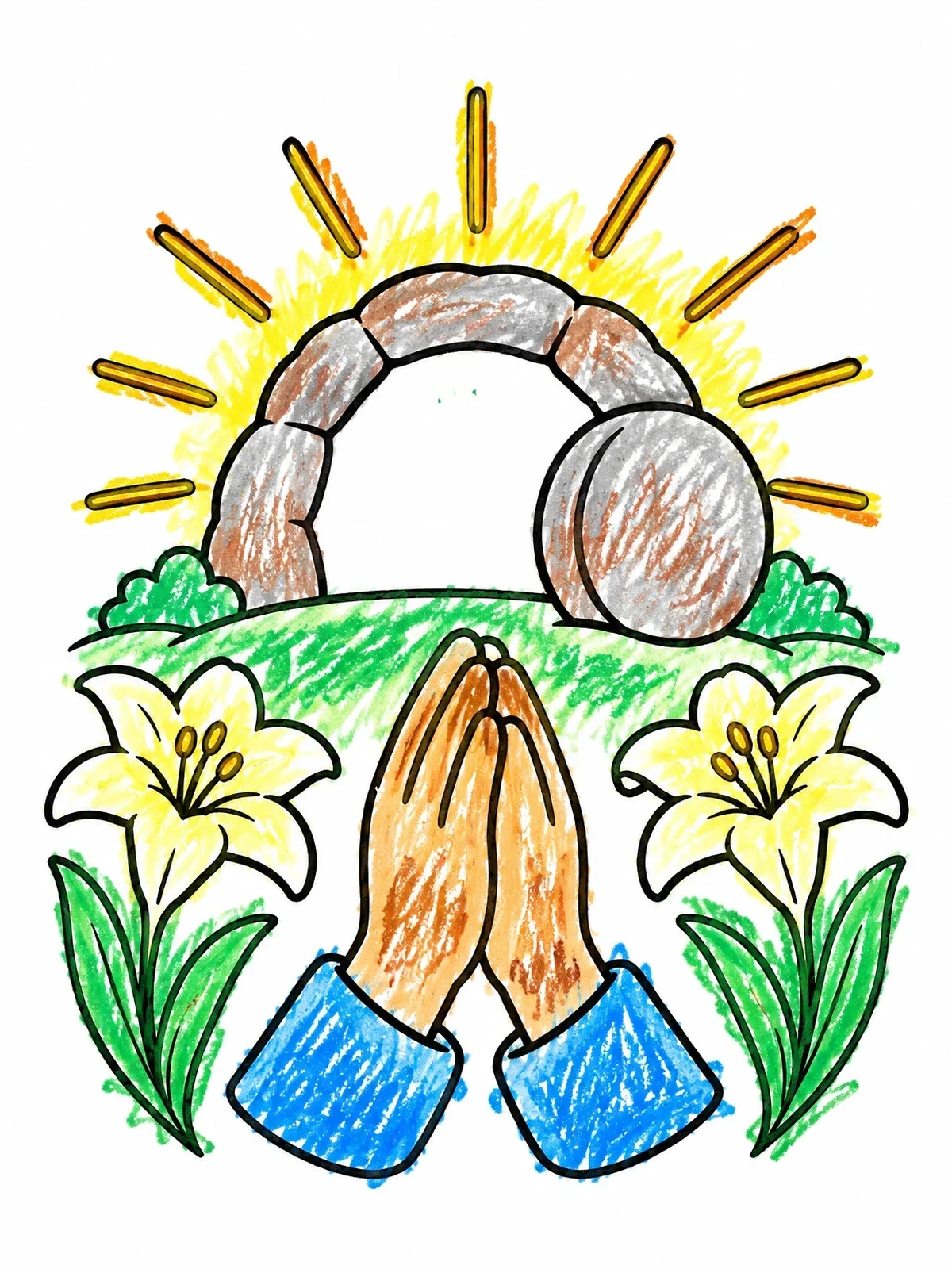 Colored example of the Easter Praying Hands And Empty Tomb coloring page