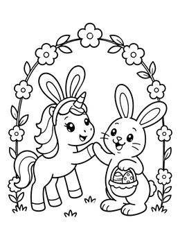 Free printable Easter Unicorn And Bunny High Five coloring page