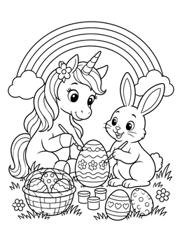 An adorable easter unicorn coloring page showing a unicorn and bunny decorating eggs under a rainbow.