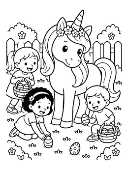 Free printable Easter Unicorn And Children Hunting Eggs coloring page