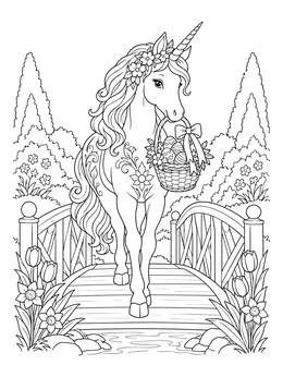 An easter unicorn coloring page showing a magical unicorn carrying an egg basket across a bridge.