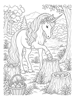 An easter unicorn coloring page featuring a unicorn placing patterned eggs in hollow tree stumps.