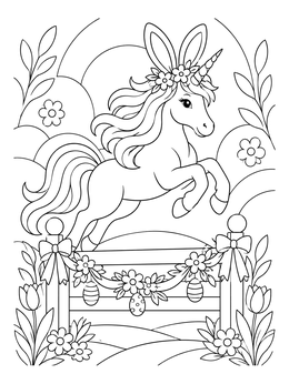 An easter unicorn coloring page showing a magical pony with bunny ears jumping over a decorated fence.