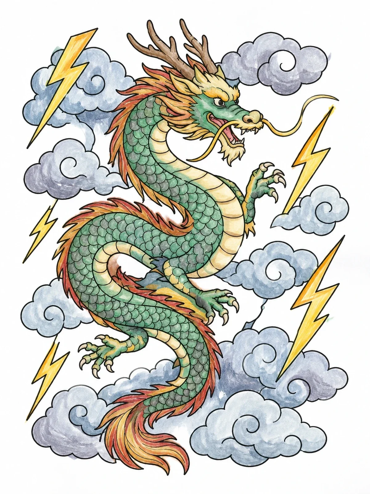 Colored example of the Eastern Dragon In A Lightning Storm coloring page