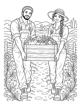 Two farmers carry a vegetable crate along a farm trail in this ecclesiastes coloring page.