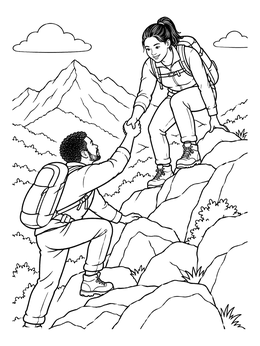 Free printable Hikers Helping Each Other On A Mountain coloring page