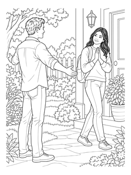 A peaceful ecclesiastes coloring page showing a respectful greeting outdoors.