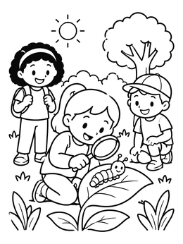 Free printable Children Exploring Nature And Caterpillar coloring page