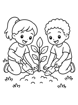 Free printable Children Planting A Small Tree coloring page