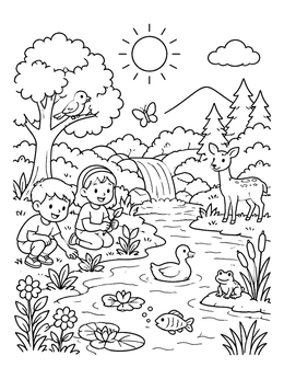 Free printable Children Exploring River Ecosystem coloring page