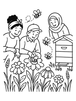 Free printable Children Watching Bees By Hive coloring page