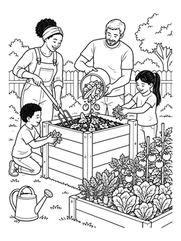 A family fills a wooden compost bin beside garden vegetables in this ecology coloring page.