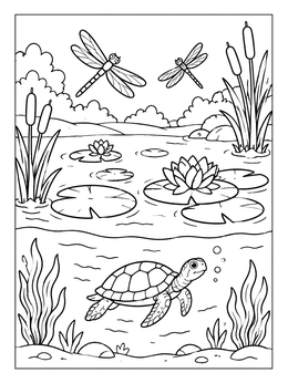 Free printable Freshwater Pond Turtle And Dragonflies coloring page