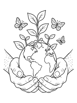 An ecology coloring page showing hands holding the Earth with growing sprouts and butterflies.