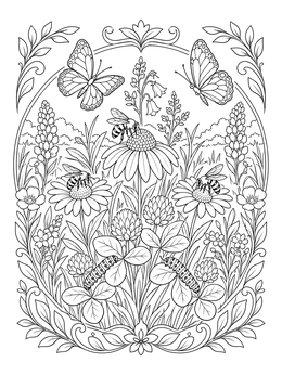 An intricate ecology coloring page showing butterflies, foraging bees, and caterpillars in a blooming meadow.