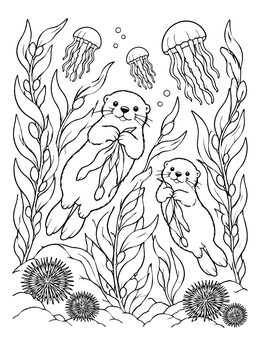 Free printable Sea Otters In Ocean Kelp Forest coloring page