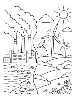 Contrasting ecology coloring page showing an industrial factory beside green hills with wind turbines.