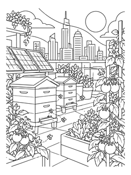 An ecology coloring page depicting a rooftop garden with beehives, solar panels, and tomato vines against city skyscrapers.