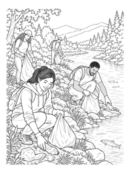 Volunteers collect plastic trash along a scenic river in this ecology coloring page.