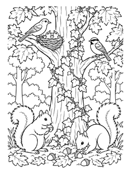 Forest wildlife on an ecology coloring page with nesting birds and squirrels gathering acorns.