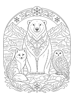 Polar bear, arctic fox, and snowy owl in an arctic ecosystem coloring page framed with ornate snowflake patterns.