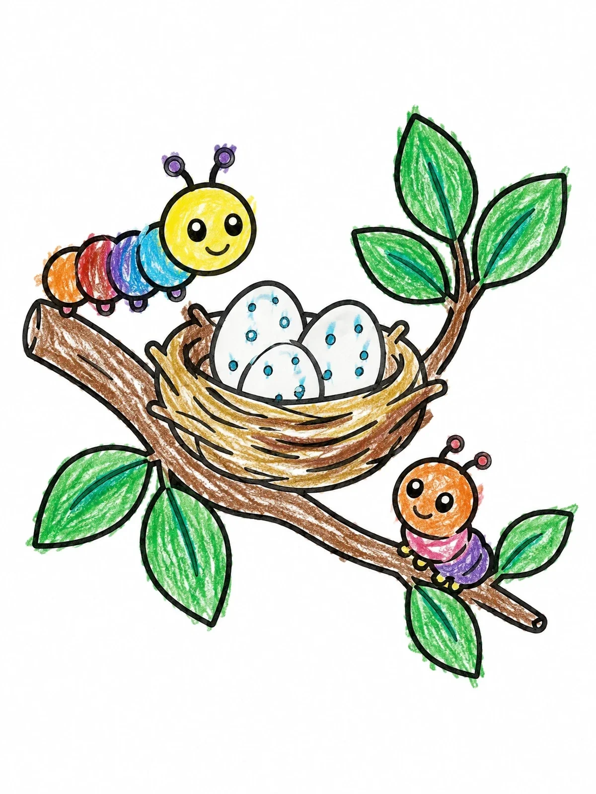 Colored example of the Bird Nest With Friendly Caterpillars coloring page