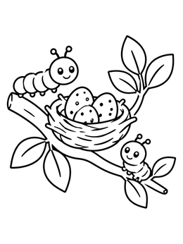 Free printable Bird Nest With Friendly Caterpillars coloring page