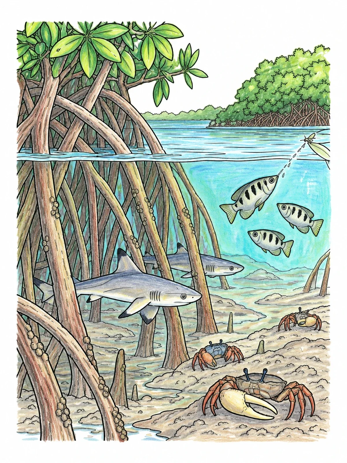 Colored example of the Mangrove Forest Wildlife Ecosystem coloring page