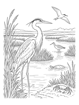 A coastal marsh wetland ecosystem coloring page featuring a heron, crab, turtle, and seabirds.