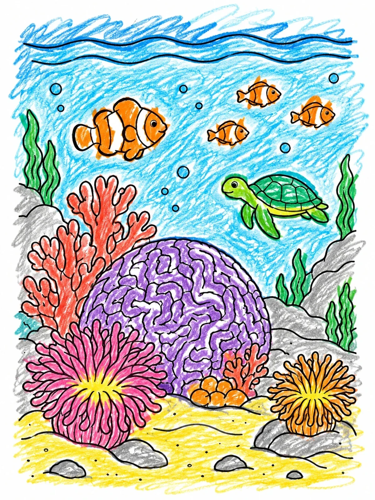 Colored example of the Coral Reef With Sea Turtle coloring page