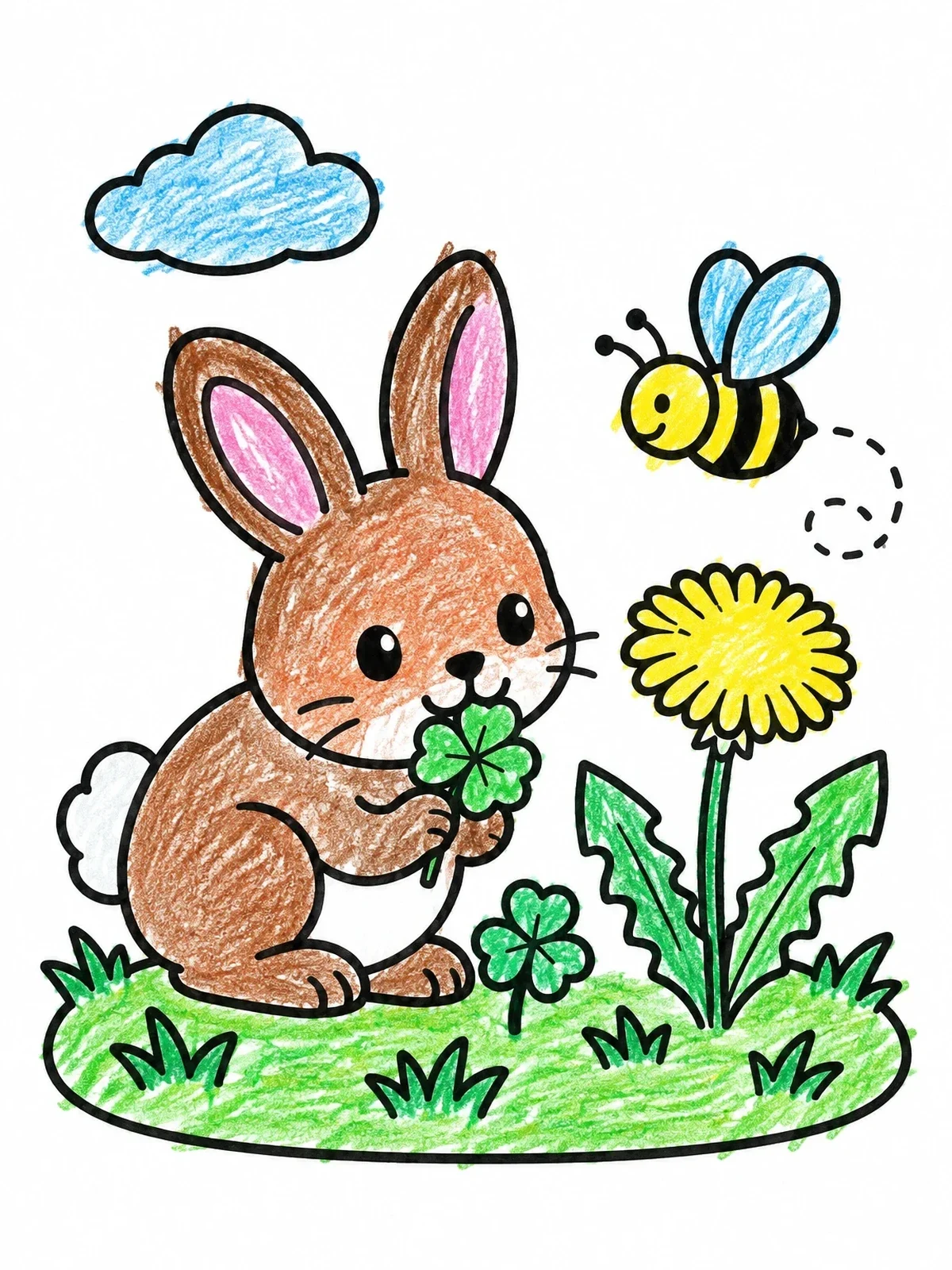 Colored example of the Cute Bunny And Busy Bee In Meadow coloring page