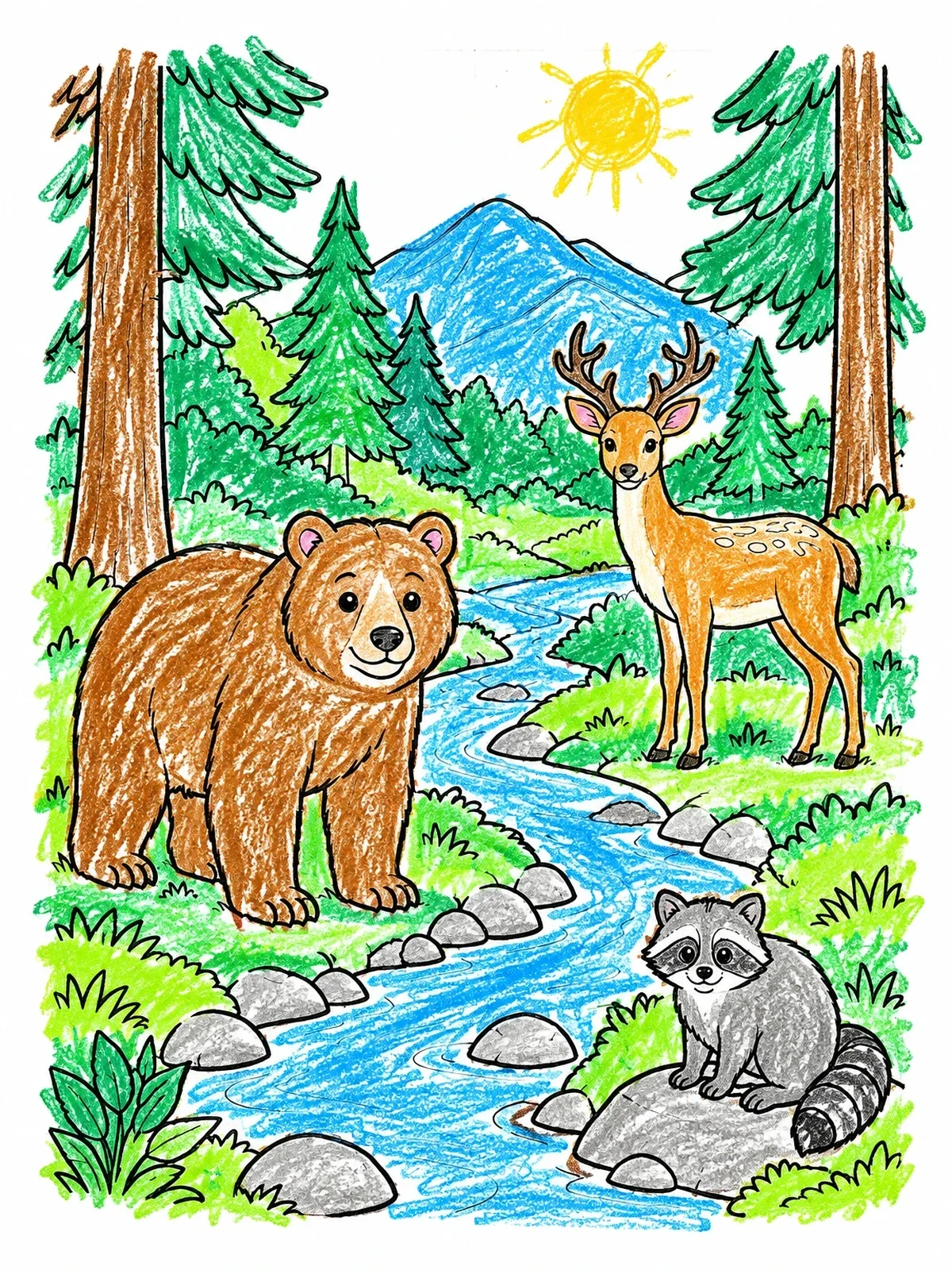 Colored example of the Forest Wildlife By A Mountain Stream coloring page