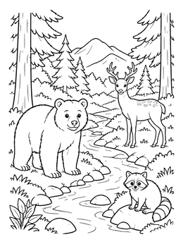 Free printable Forest Wildlife By A Mountain Stream coloring page