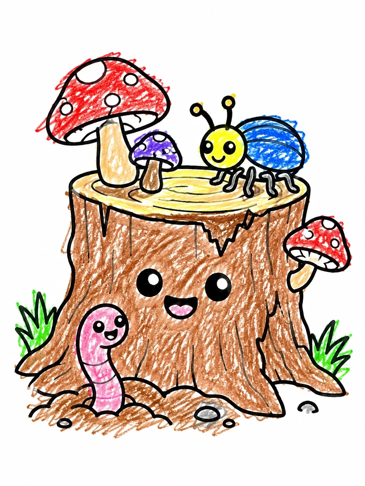 Colored example of the Happy Tree Stump With Woodland Friends coloring page