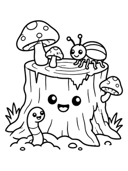 Free printable Happy Tree Stump With Woodland Friends coloring page