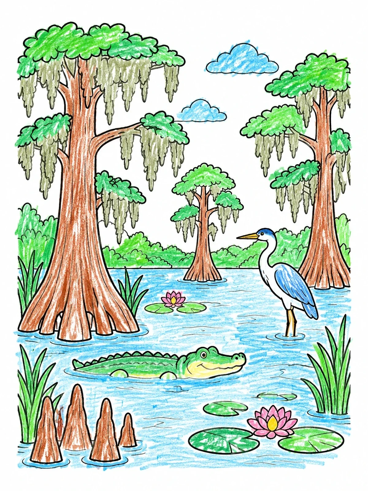 Colored example of the Mossy Cypress Swamp Wildlife coloring page