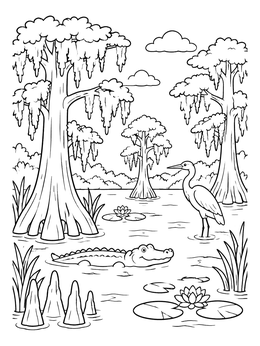 Free printable Mossy Cypress Swamp Wildlife coloring page