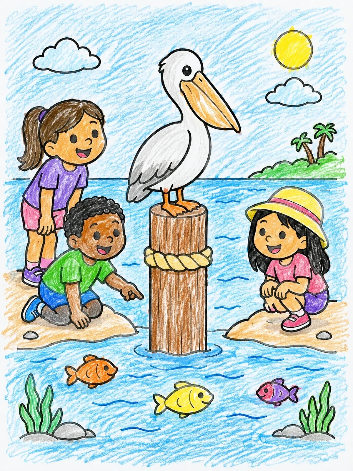 Colored example of the Pelican And Fish At The Shoreline coloring page