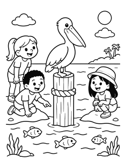 Free printable Pelican And Fish At The Shoreline coloring page