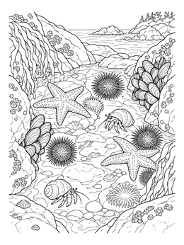 Sea stars, urchins, and crabs in an ecosystem coloring page.