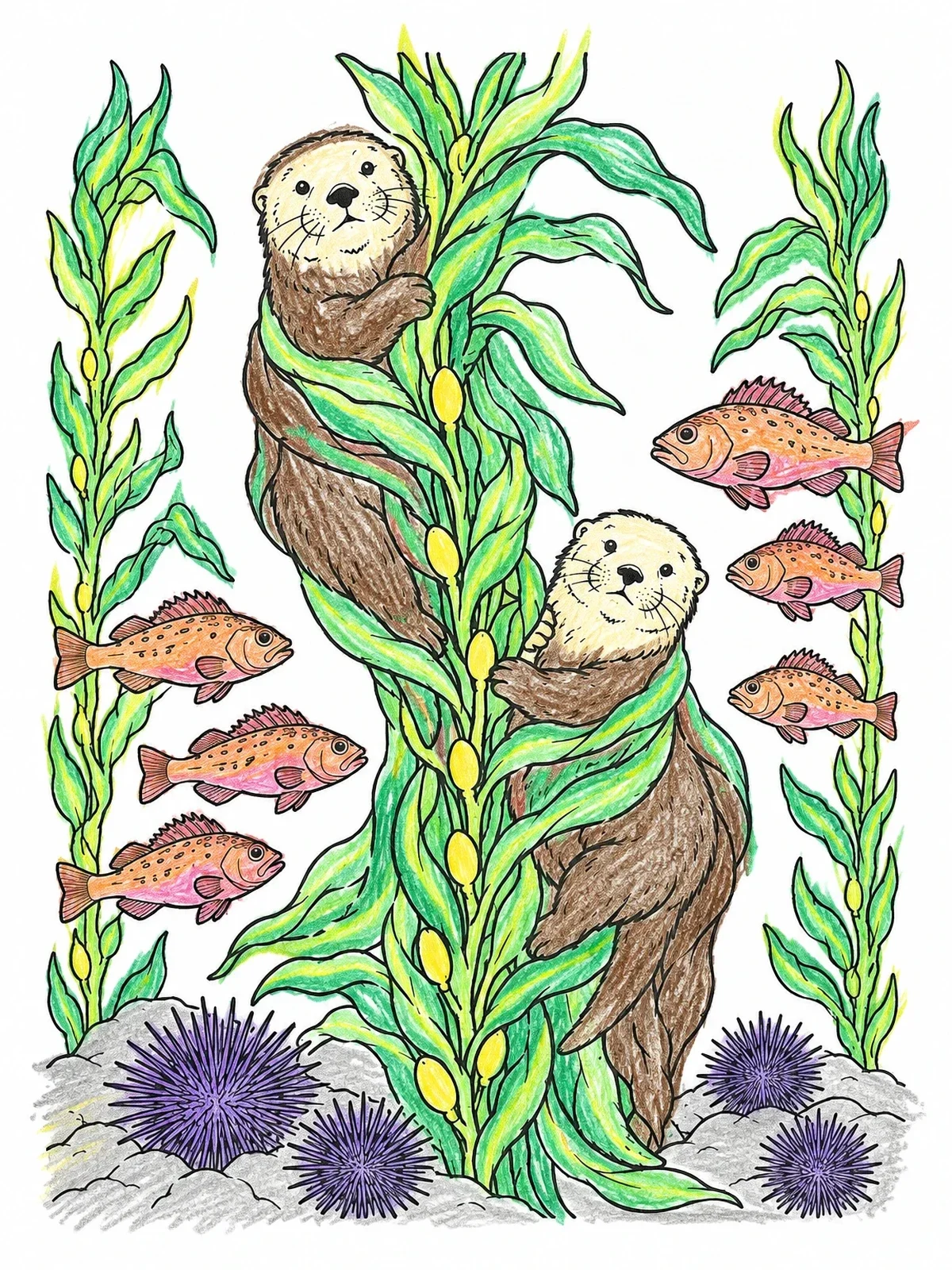 Colored example of the Sea Otters In Giant Kelp Forest coloring page