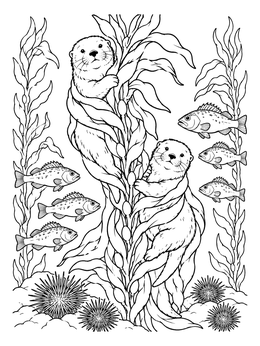 Sea otters and rockfish swim together in this kelp ecosystem coloring page.