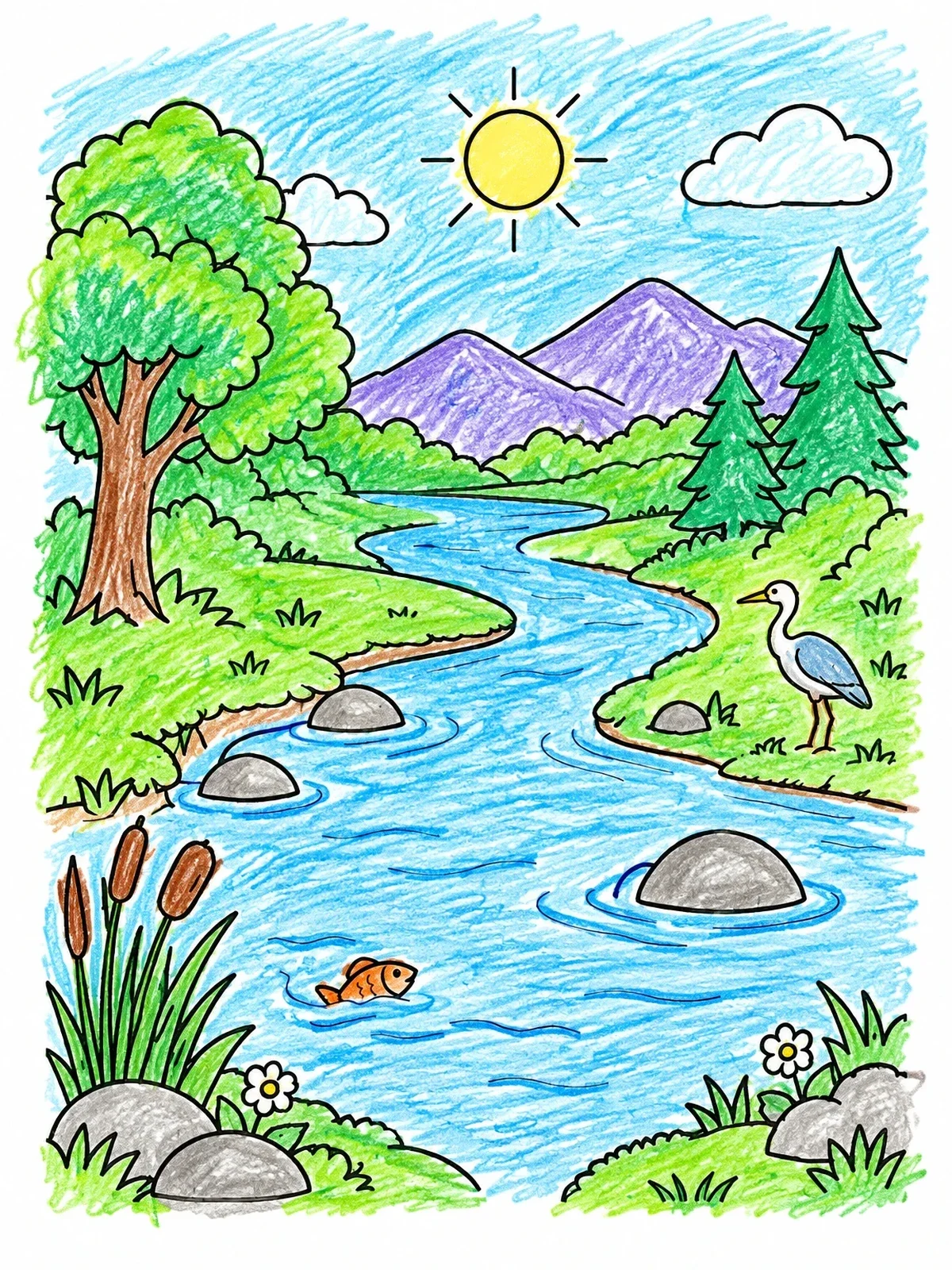 Colored example of the Sunny Riverbank Nature Landscape coloring page