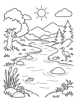Free printable Sunny Riverbank Nature Landscape coloring page