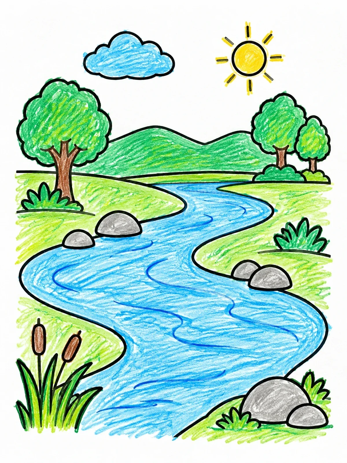 Colored example of the Sunny Winding River Landscape coloring page